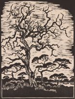 Gregoire Boonzaier; Six linocuts, including Donkey Cart; Fishing Boats, Waenhuiskrans; Hardekool Tree, Bushveld, On Banks of Limpopo River; Mosque; Moonflowers; and Donkey Cart