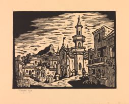 Gregoire Boonzaier; Six linocuts, including Mosque; Donkey Cart; Street with Donkey, District Six; Figure with Trees; Mosque, District Six; and Street Scene