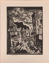 Gregoire Boonzaier; Six linocuts, including Mosque; Donkey Cart; Street with Donkey, District Six; Figure with Trees; Mosque, District Six; and Street Scene