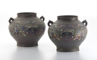 A pair of Japanese bronze and champlevé two-handled vessels, Meiji Period (1868-1912)