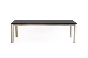 A black glass and brushed aluminium coffee table, modern