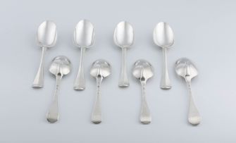 Eight Georgian silver Hanoverian Rat-Tail pattern table spoons, various makers, London, 1718-1743