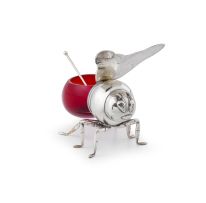 A red-glass and silver-plate-mounted novelty honey pot in the form of a bee, Israel Freeman & Son Ltd, London, 1930s