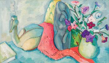 Alexis Preller; Still Life with Barotse Vessel, Red Cloth and Petunias