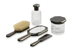 An Art Deco macassar and ivory inlaid gentleman's dressing set, probably French