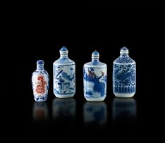 Two Chinese blue, white and copper red snuff bottles, 20th century