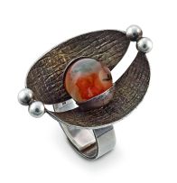 Kupittaan Kulta moss agate and sterling silver ring, Finland, .925 sterling, 1960s