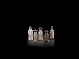 Five Chinese crystal snuff bottles in the form of Lohans, learly 20th century