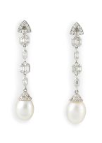 Pair of diamond and pearl ear pendants, 1920s