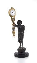 A spelter swinging pendulum 'Onion Boy' mystery clock, early 20th century