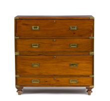 A Victorian mahogany and brass-bound military secretaire chest-on-chest