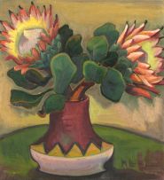 Maggie Laubser; Still Life with Proteas in a Vase with Zig-Zag Pattern