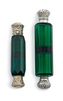 A Victorian green-glass and silver-plate mounted double-end scent bottle