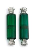 Two Victorian green-glass and silver-plate mounted double-end scent bottles