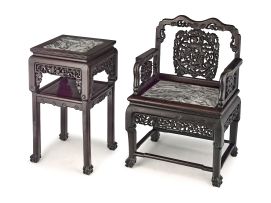 A Chinese ebonised hardwood and marble armchair, 19th century