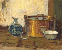 Adriaan Boshoff; Still Life with a Copper Pot and a Blue and White Vase