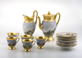 A Continental porcelain gilt and painted part coffee service, late 19th century
