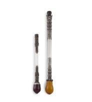 Two silver-plated amber-mounted parasol handles