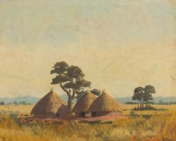 E. Parker; Thatched Huts in Landscape