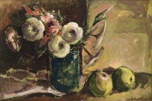 Anton Petrus Hendriks; Still Life with Apples and Flowers in Vase, recto; Trees, verso