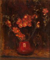 Frans Oerder; Flowering Quince in a Red Vase