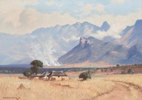 Willem Hermanus Coetzer; Landscape with Farmstead and Mountains