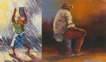 Velaphi (George) Mzimba; Woman Carrying Water; Man Sitting on a Barrel, two