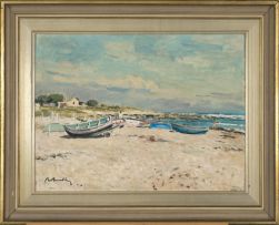 Robert Broadley; Boats and Figures on a Beach
