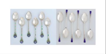 A set of George V silver and enamel coffee spoons, Turner & Simpson Ltd, Birmingham, 1931-1932