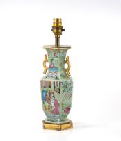 A Chinese famille-verte gilt-metal-mounted lamp, 19th century