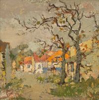 Gregoire Boonzaier; Straat met Twee Bome en Oranje Dakke. Kenilworth, Kaap (Street with Two Trees and Orange Roofs. Kenilworth, Cape)
