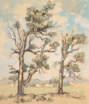 Gregoire Boonzaier; Twee Bloekombome, Kaapsevlakte (Two Blue Gum Trees, Cape Flats)