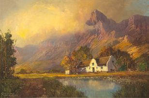 Gabriel de Jongh; A Cape Dutch Homestead in a Mountainous Landscape