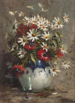 Hennie Griesel; Daisies and Poppies in a Vase