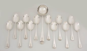 A Victorian canteen of twelve silver Old English pattern dinner spoons and soup ladle, Charles Boyton II, London, 1888