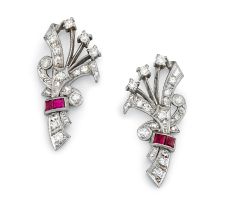 Pair of ruby and diamond earrings/brooch