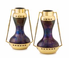 A pair of Secessionist Loetz iridescent glass and Argentor brass-mounted vases, Vienna, 1900s
