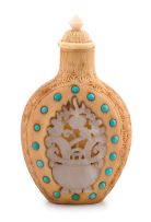 A Chinese ivory, jade and turquoise snuff bottle, late 19th/early 20th century
