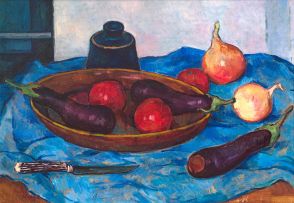 François Krige; Still Life with Aubergines, Tomatoes and Onions on a Blue Cloth