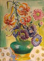 Maggie Laubser; Tiger Lilies and Asters in a Green Vase