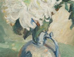 Emily Isabel Fern; Chrysanthemums in a Blue Jug