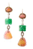 Pair of Chinese jade, watermelon tourmaline and seed pearl pendant earrings, retailed by Spink & Son Ltd