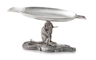 A Patrick Mavros silver monkey and crocodile ashtray, 2007