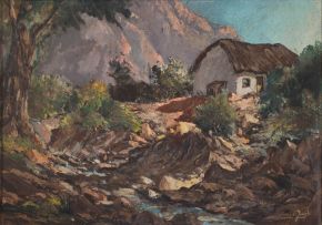 Gabriel de Jongh; Cottage with Mountain Beyond