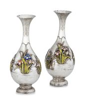 A pair of Japanese silver and enamel vases, Meiji period, (1868-1912)