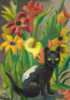 Maggie Laubser; A Black and White Cat Seated Amongst Flowers