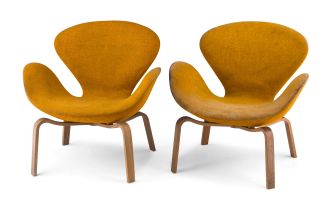 A pair of Danish beechwood SWAN chairs, by Arne Jacobsen for Fritz Hansen, 1958