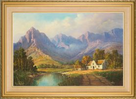 Gabriel de Jongh; Cape Dutch Cottage in Mountain Landscape