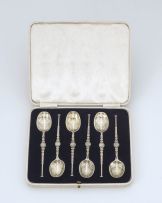 A George V cased set of six silver-gilt anointing spoons, Adie Brothers Ltd, Birmingham, 1936