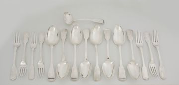 Eight Irish silver Fiddle and Rat-Tail pattern table spoons, M West & Sons, James Le Bas, Dublin, 1825-1834